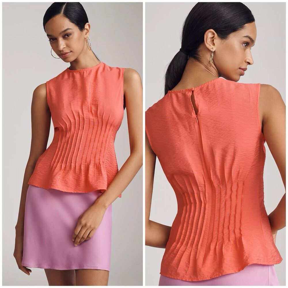 Anthropologie The Della Pleated Waist Shell Top Size XS Red Sleeveless Pullover